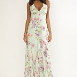 Elenya Strappy Back Ruffle Trim Maxi Dress Mint Floral