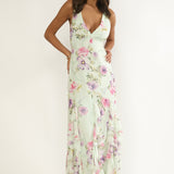Elenya Strappy Back Ruffle Trim Maxi Dress Mint Floral