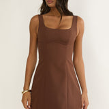 Saryna Square Neckline Mini Dress Coffee