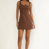 Saryna Square Neckline Mini Dress Coffee