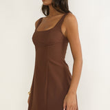 Saryna Square Neckline Mini Dress Coffee