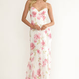 Charlisa Strappy Back Ruffle Maxi Dress Flowers White