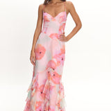 Charlisa Strappy Back Ruffle Maxi Dress Flowers Pink