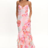 Charlisa Strappy Back Ruffle Maxi Dress Flowers Pink
