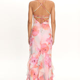 Charlisa Strappy Back Ruffle Maxi Dress Flowers Pink
