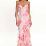 Charlisa Strappy Back Ruffle Maxi Dress Flowers Pink