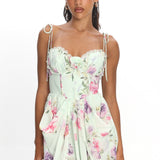 Gisora Tied Back Lace Trim Romper Floral Mint