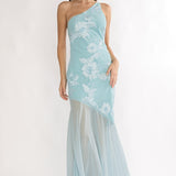 Mireya One-Shoulder Sheer Hem Maxi Dress Aqua