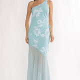 Mireya One-Shoulder Sheer Hem Maxi Dress Aqua