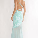 Mireya One-Shoulder Sheer Hem Maxi Dress Aqua