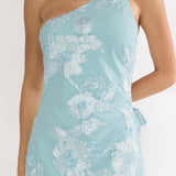 Mireya One-Shoulder Sheer Hem Maxi Dress Aqua