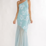 Mireya One-Shoulder Sheer Hem Maxi Dress Aqua