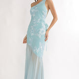 Mireya One-Shoulder Sheer Hem Maxi Dress Aqua