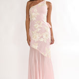 Mireya One-Shoulder Sheer Hem Maxi Dress Pink