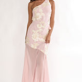 Mireya One-Shoulder Sheer Hem Maxi Dress Pink