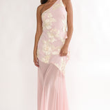 Mireya One-Shoulder Sheer Hem Maxi Dress Pink