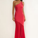 Mireya One-Shoulder Sheer Hem Maxi Dress Red