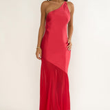 Mireya One-Shoulder Sheer Hem Maxi Dress Red