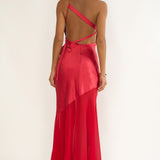 Mireya One-Shoulder Sheer Hem Maxi Dress Red