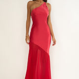 Mireya One-Shoulder Sheer Hem Maxi Dress Red