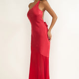 Mireya One-Shoulder Sheer Hem Maxi Dress Red