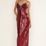 Nolani Sequin Bow & Diamante Maxi Dress Wine
