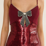 Nolani Sequin Bow & Diamante Maxi Dress Wine