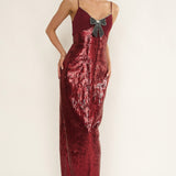 Nolani Sequin Bow & Diamante Maxi Dress Wine
