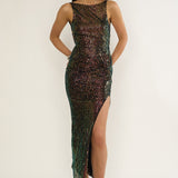 Zaretha Backless Split Maxi Dress Sequin Black/Gold