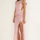 Zaretha Backless Split Maxi Dress Sequin Pink