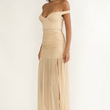 Delora Off-Shoulder Scarf Maxi Dress Beige
