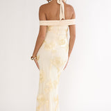 Fleurie Halter Off-Shoulder Maxi Dress Embellished Yellow
