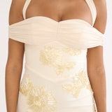 Fleurie Halter Off-Shoulder Maxi Dress Embellished Yellow