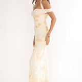 Fleurie Halter Off-Shoulder Maxi Dress Embellished Yellow
