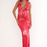 Everra Halterneck Drape Maxi Dress Print Red