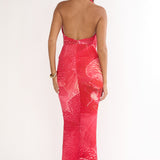 Everra Halterneck Drape Maxi Dress Print Red
