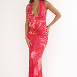 Everra Halterneck Drape Maxi Dress Print Red