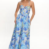 Skyler Tied Shoulder Maxi Dress Print Blue