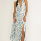 She's Glowing Halterneck Ruffle Dress Floral Blue