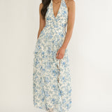 She's Glowing Halterneck Ruffle Dress Floral Blue