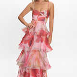 Varenna Layered Sweetheart Neckline Maxi Dress Print Red