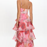 Varenna Layered Sweetheart Neckline Maxi Dress Print Red