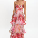 Varenna Layered Sweetheart Neckline Maxi Dress Print Red
