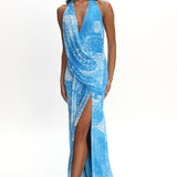 Palomino Plunging Halter Maxi Dress Print Blue