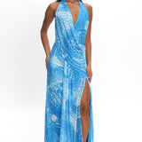 Palomino Plunging Halter Maxi Dress Print Blue