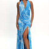 Palomino Plunging Halter Maxi Dress Print Blue