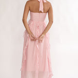 Spirit Frill Trim Halterneck Maxi Dress Pink