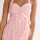 Spirit Frill Trim Halterneck Maxi Dress Pink