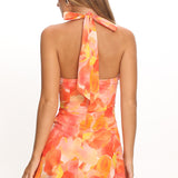 Lioren Plunging Halterneck Mini Dress Floral Orange