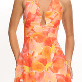 Lioren Plunging Halterneck Mini Dress Floral Orange
